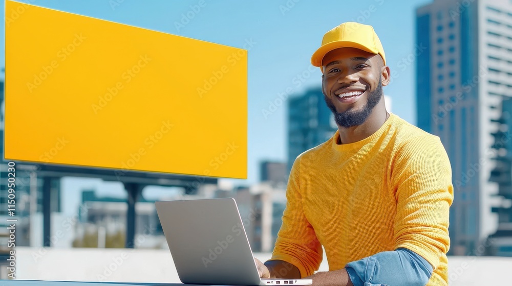 A smiling man in a yellow outfit sits outdoors with a laptop, surrounded by a cityscape and a bright yellow billboard in the background.