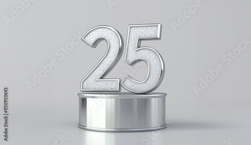 Silver number 25 on a podium with a white background symbolizing a silver wedding anniversary celebration. Silver jubilee 