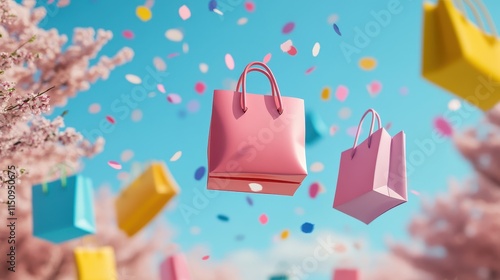 Colorful shopping bags falling on blue background with spring tree,spring season,Big month sale promotion,shopping online,copy space.