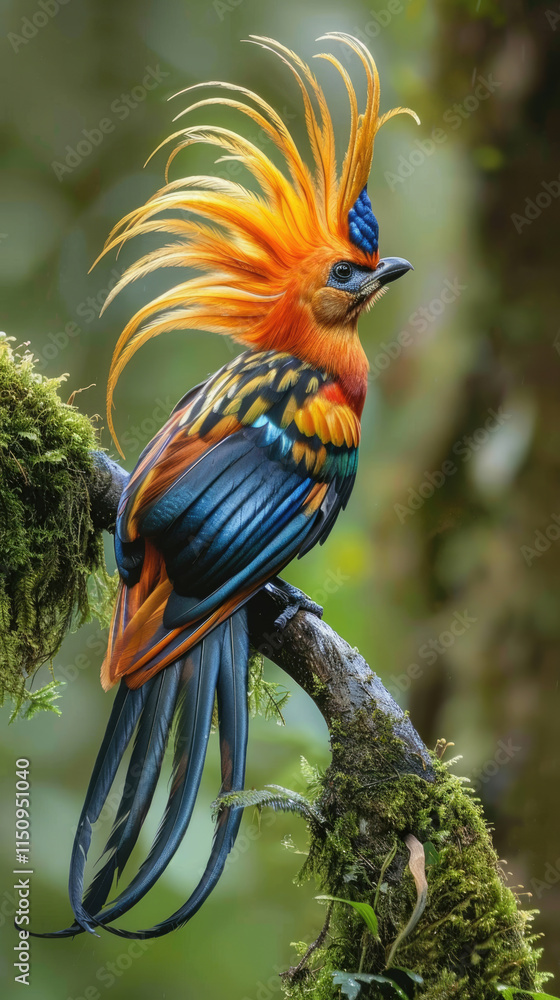 Fototapeta premium Colorful bird with extravagant plumage perched on a mossy branch