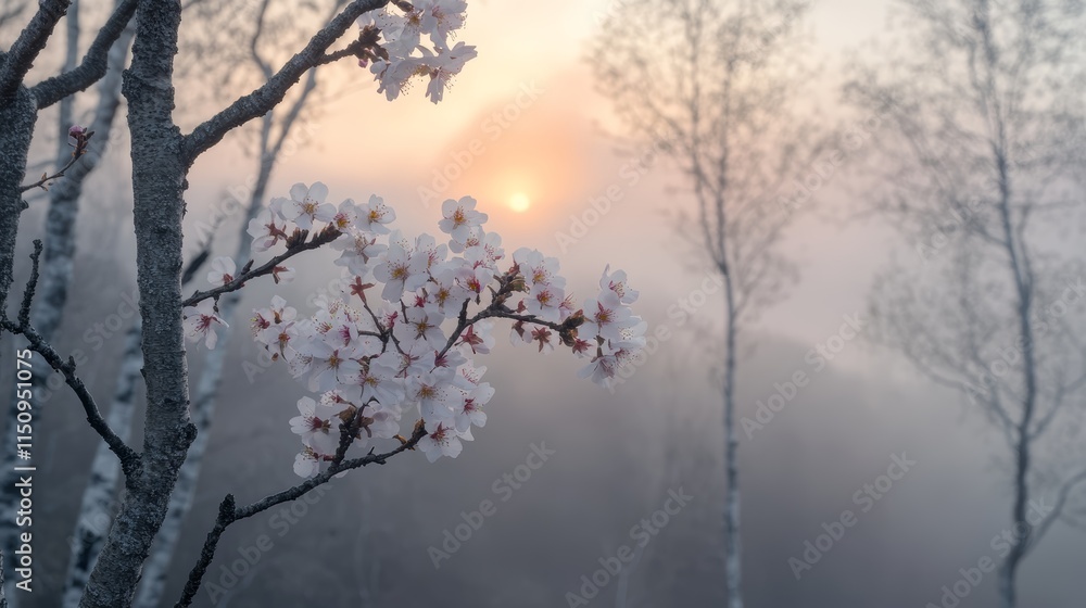Ethereal white blossoms adorning a tree in the enchanting embrace of fog, serene spring landscape Ethereal white blossoms adorning a tree in the enchanting embrace of fog, serene spring landscape
