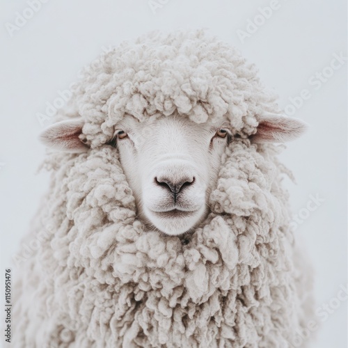 A close-up of a fluffy sheep with a soft, woolly coat against a light background.