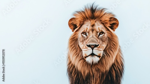 A majestic lion with a flowing mane, set against a soft, light background.