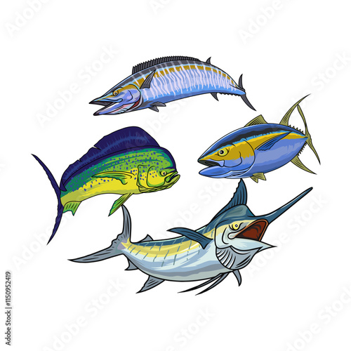 marlin sailfish tuna mahi mahi dorado wahoo fishing illustration logo vector image t shirt