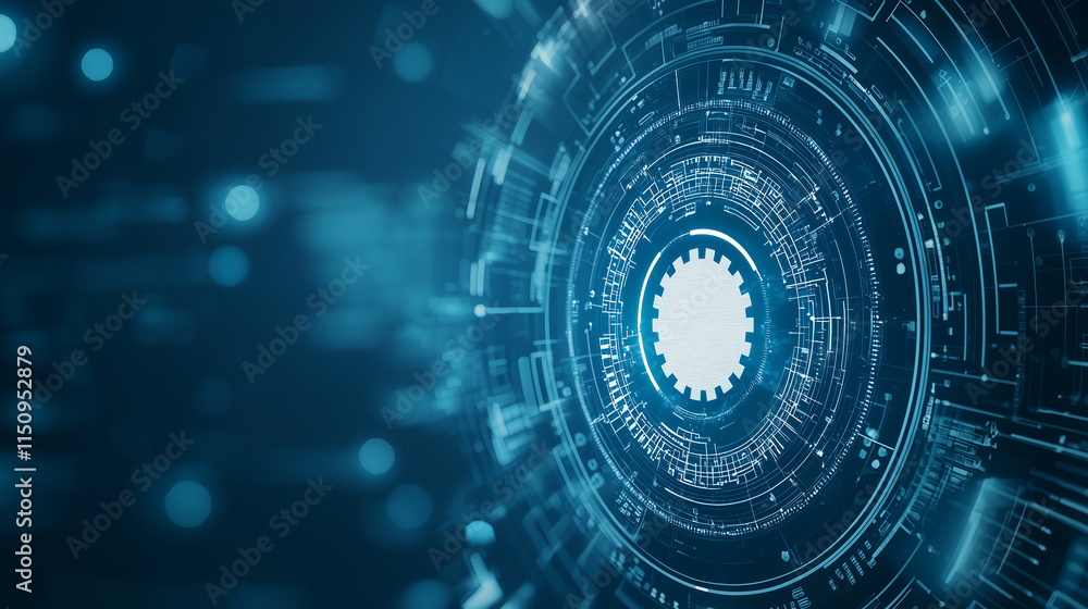 Abstract Gear Technology: A mesmerizing abstract background with a white gear in the center, surrounded by a futuristic digital interface. The image is rendered in a cool blue color palette. Abstract Gear Technology: A mesmerizing abstract background with a white gear in the center, surrounded by a futuristic digital interface. The image is rendered in a cool blue color palette.