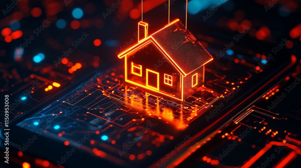 A digital house model displayed on a smartphone, symbolizing smart home technology. A digital house model displayed on a smartphone, symbolizing smart home technology.