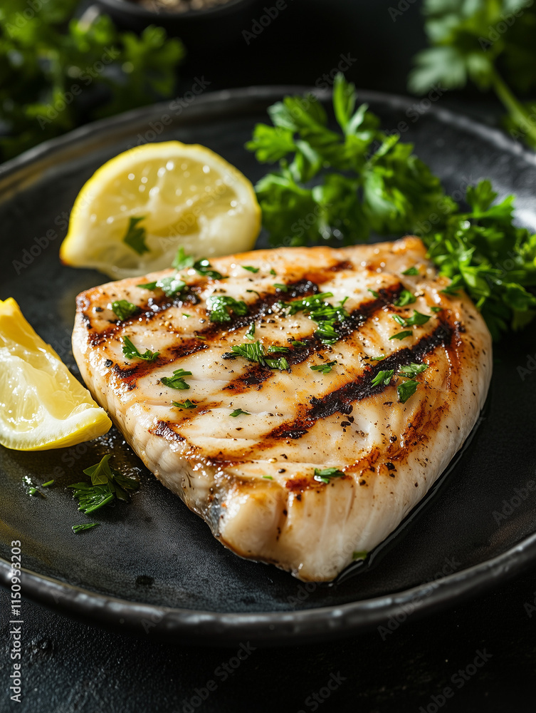 Grilled swordfish steak with char marks, served with lemon wedges and fresh herbs, rustic coastal vibe Grilled swordfish steak with char marks, served with lemon wedges and fresh herbs, rustic coastal vibe