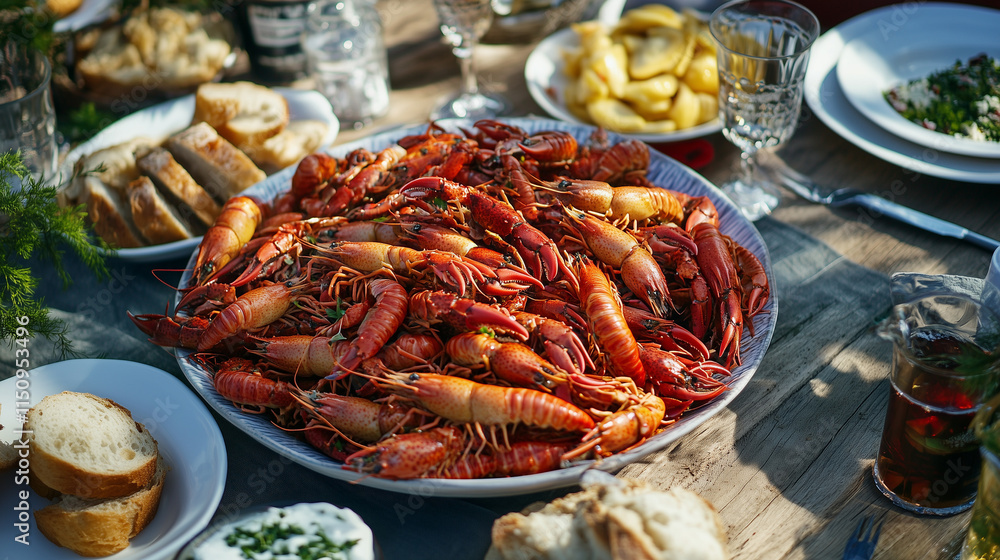 Traditional Swedish Kräfiskiva table with bright red crayfish, dill garnish, and festive decorations, cozy outdoor setting Traditional Swedish Kräfiskiva table with bright red crayfish, dill garnish, and festive decorations, cozy outdoor setting