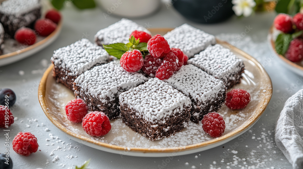 High-angle view of lamington cakes arranged on a plate with fresh berries, inviting and nostalgic presentation High-angle view of lamington cakes arranged on a plate with fresh berries, inviting and nostalgic presentation