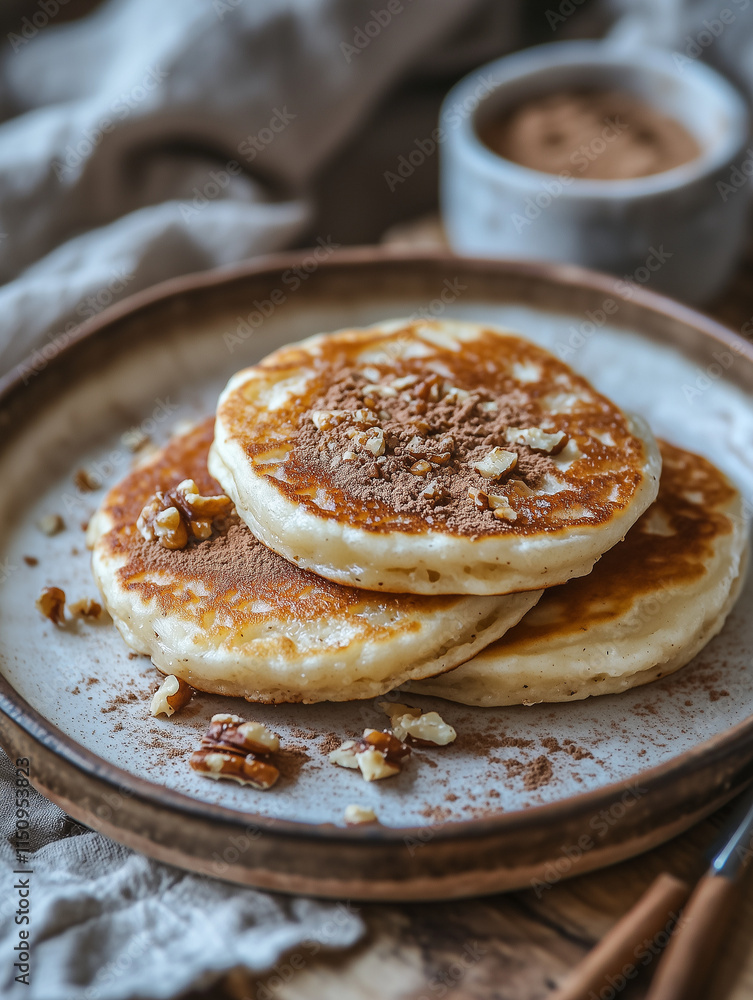 Korean hotteok pancakes filled with brown sugar and nuts, served on a rustic plate with a dusting of cinnamon Korean hotteok pancakes filled with brown sugar and nuts, served on a rustic plate with a dusting of cinnamon