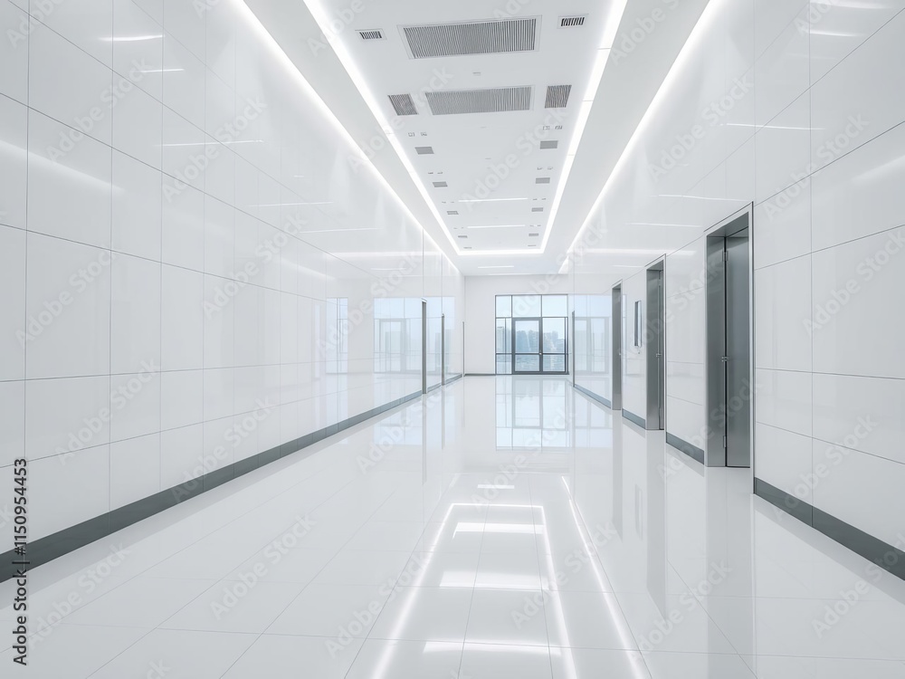 An empty hallway in a modern office building with sleek white walls and a shiny tiled floor, building, shiny An empty hallway in a modern office building with sleek white walls and a shiny tiled floor, building, shiny