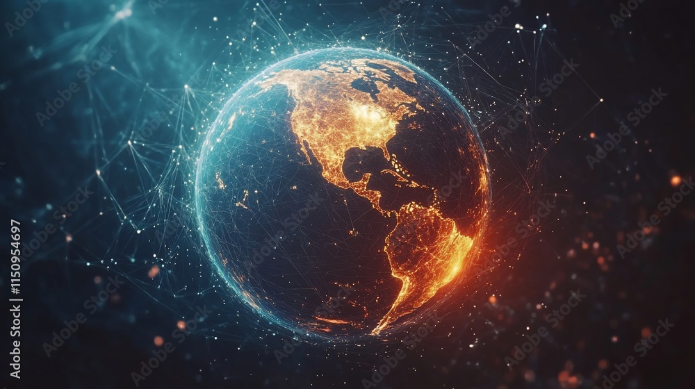 Fototapeta premium A digitally rendered globe showcasing interconnected networks and glowing continents.