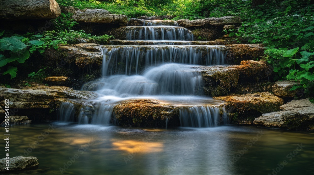 Serene cascading waterfall, lush green foliage. Serene cascading waterfall, lush green foliage.
