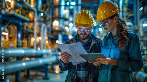 Wallpaper Mural Two engineers review documents and a tablet in an industrial plant at night. Torontodigital.ca