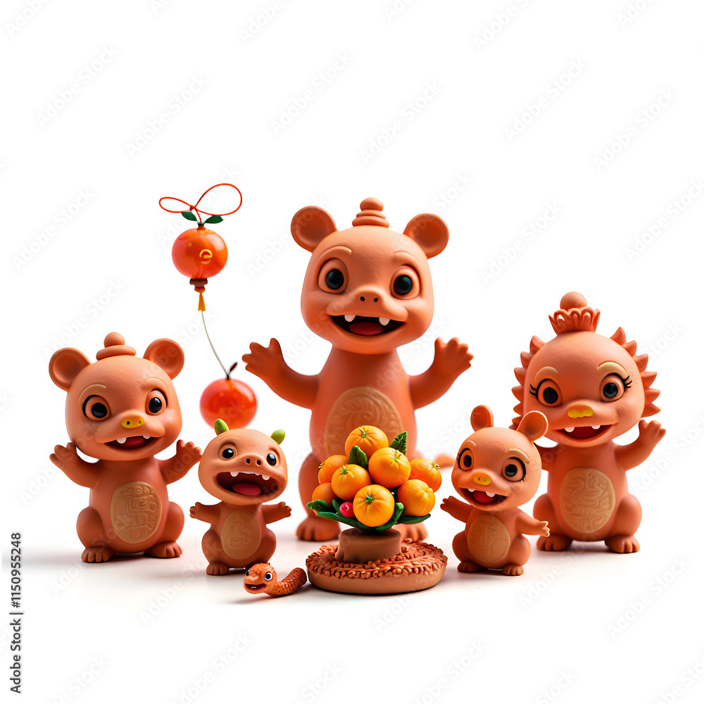 Naklejka premium Playful clay animals celebrate with a bountiful orange offering, 3d render of whimsical characters concept.