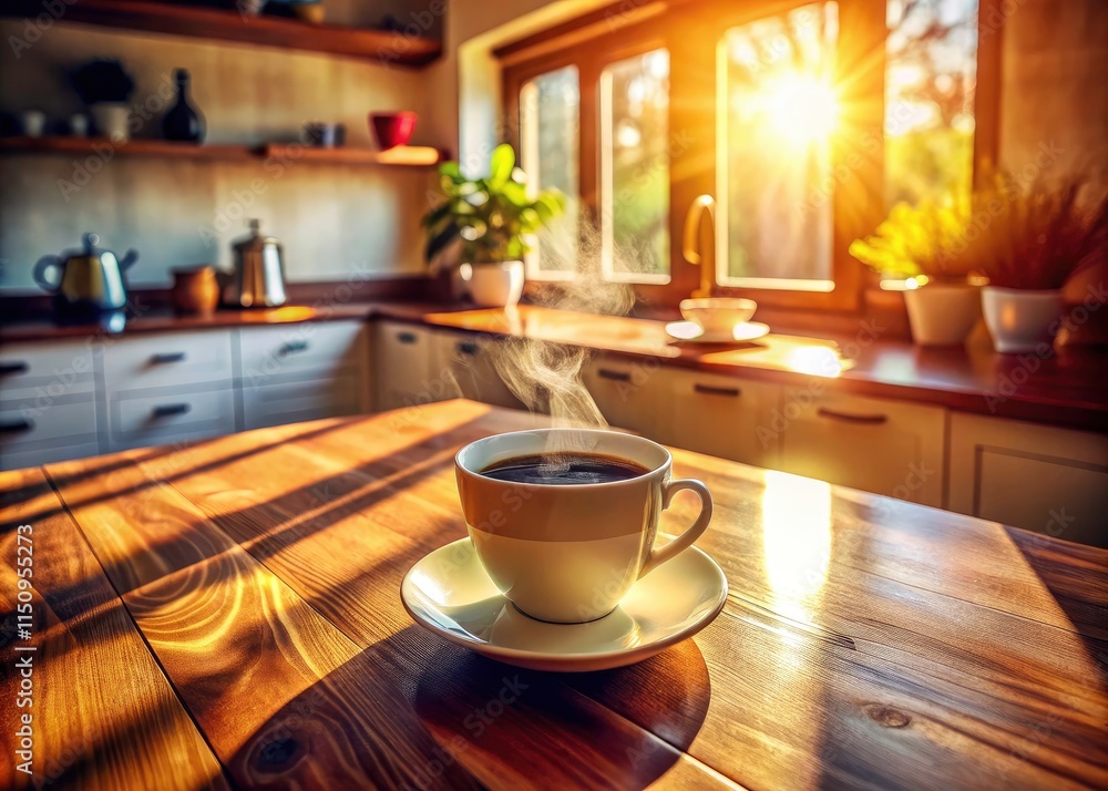 Obraz premium Drone View Sunny Morning Coffee Kitchen - Aerial Coffee Photography