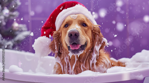 Golden Retriever wearing a Santa hat dog grooming in a bubble bath with purple background