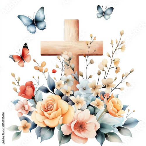 A serene depiction of a wooden cross adorned with vibrant flowers and fluttering butterflies, symbolizing peace and spiritual growth.