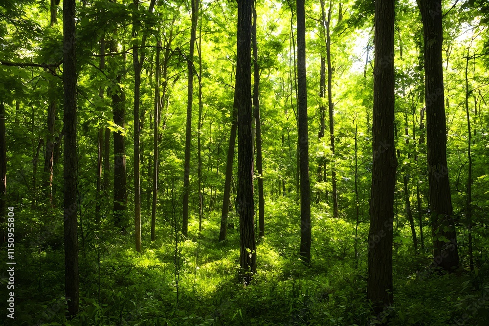 Fototapeta premium A dense green forest with tall trees creating a tranquil atmosphere of natures beauty.