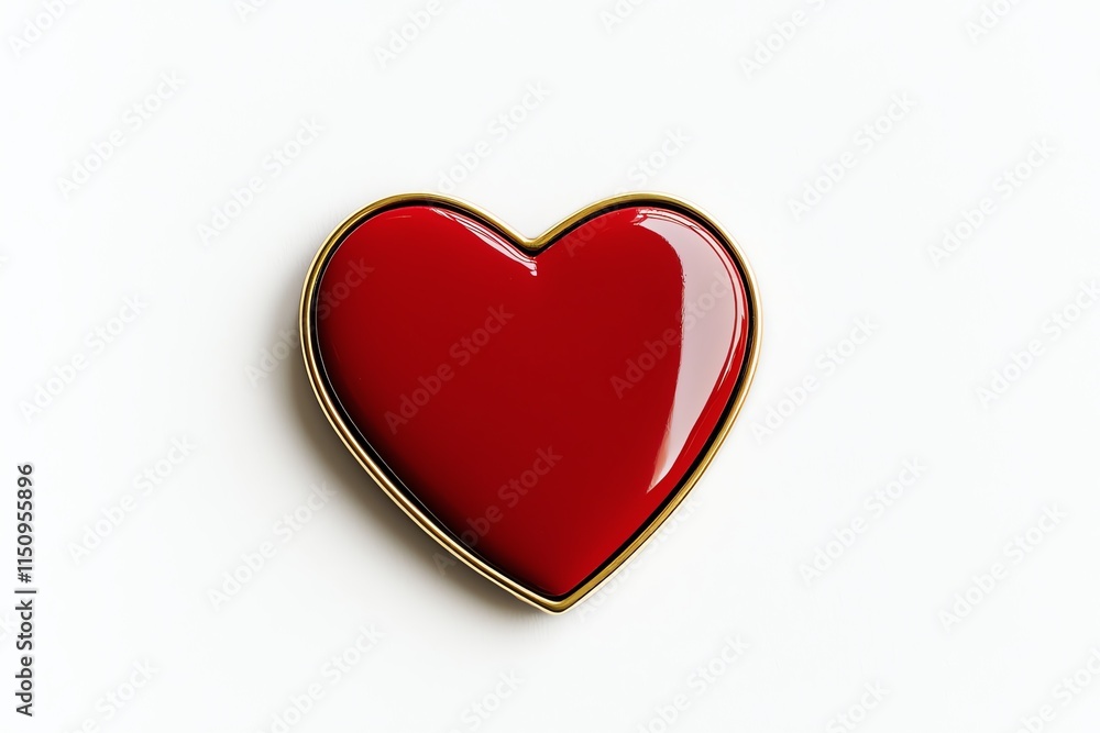 Obraz premium A shiny red heart-shaped pin sits on a white background, symbolizing love and affection.