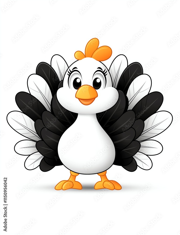 Cute cartoon bird with black and white feathers and orange details, standing cheerfully. Ideal for children's illustrations and whimsical design projects. Cute cartoon bird with black and white feathers and orange details, standing cheerfully. Ideal for children's illustrations and whimsical design projects.