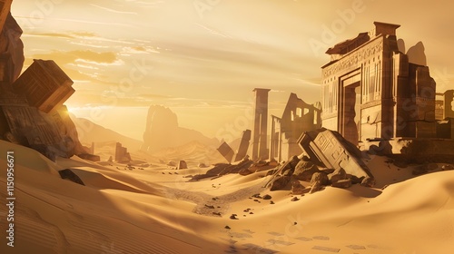 A remote desert landscape with towering ancient ruins standing amidst the golden sands.