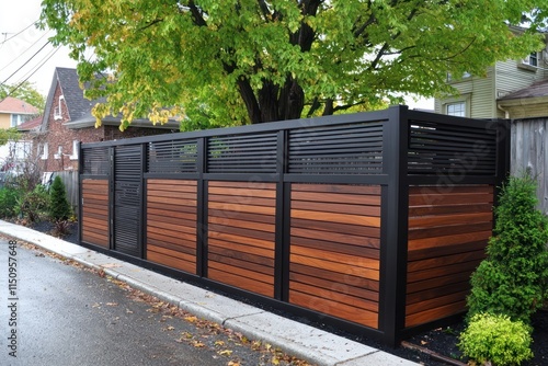 Modern wooden fence with horizontal slats and black frames, providing privacy and design to a home exterior.