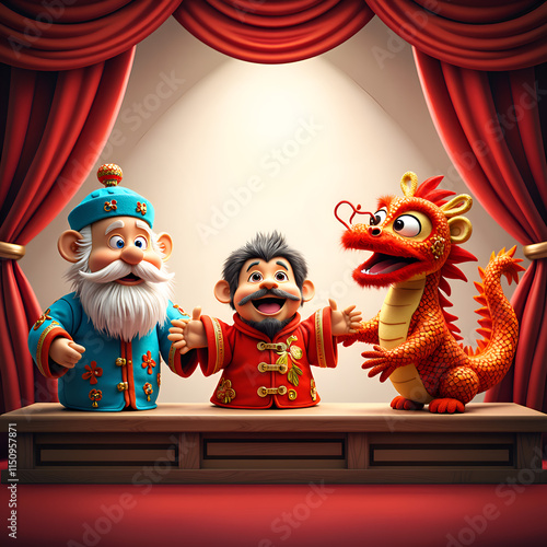 A whimsical puppet performance with colorful characters and captivating expressions, 3d rendering of character design concept. photo