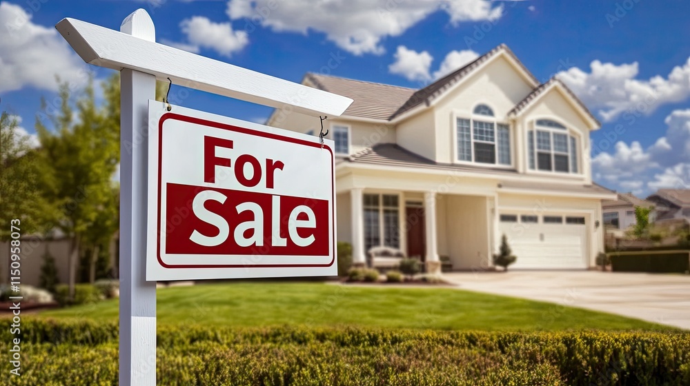 House for sale sign in front of a beautiful suburban home. House for sale sign in front of a beautiful suburban home.