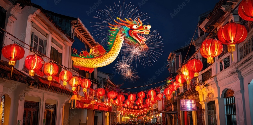 A colorful dragon dances in the night sky, with red lanterns hanging on both sides of an ancient street lined by white buildings. A colorful dragon dances in the night sky, with red lanterns hanging on both sides of an ancient street lined by white buildings.