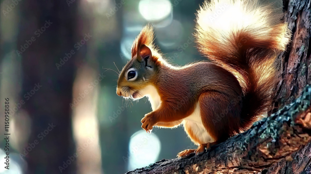 A vibrant red squirrel illuminated by sunlight perched on a tree branch with a blurred forest background A vibrant red squirrel illuminated by sunlight perched on a tree branch with a blurred forest background