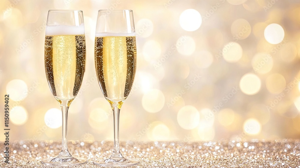 Two champagne flutes filled with sparkling wine, set against a bokeh background. (1) Two champagne flutes filled with sparkling wine, set against a bokeh background. (1)