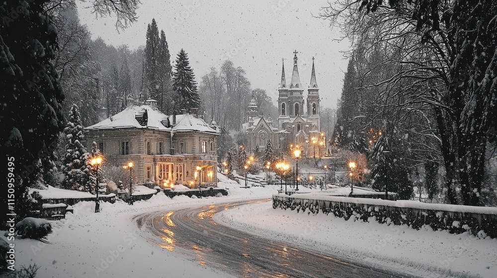 Snowfall in a Picturesque Winter Village with Church and Mansion