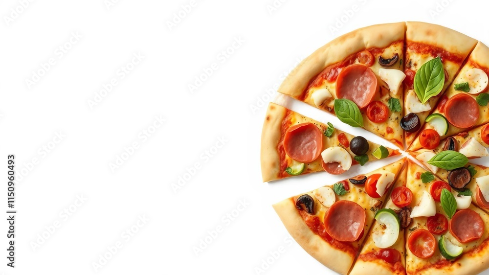 Assorted pizza slices with seafood, hawaiian, vegetarian, meat, and salami toppings on a plain background, vegetarian, salami Assorted pizza slices with seafood, hawaiian, vegetarian, meat, and salami toppings on a plain background, vegetarian, salami