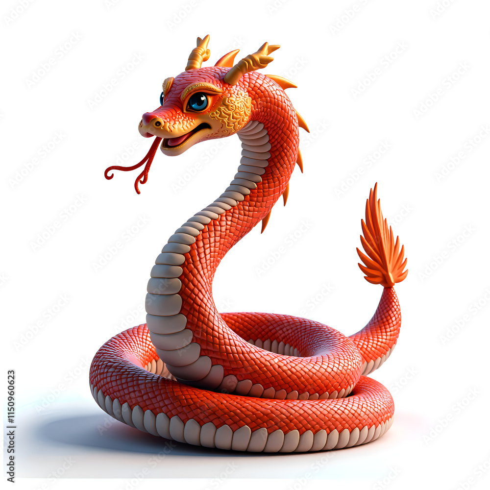 Fototapeta premium Majestic crimson serpent with expressive eyes and flamboyant features, 3d rendering of fantasy creature concept.