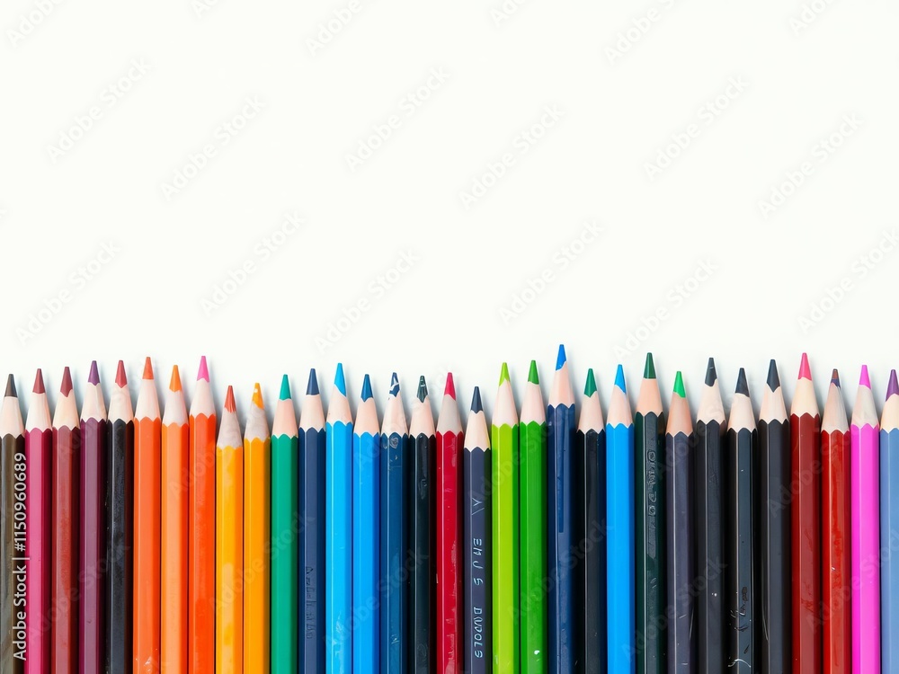 Assortment of vibrant coloured pencils in a row on a white background, collection, rainbow Assortment of vibrant coloured pencils in a row on a white background, collection, rainbow