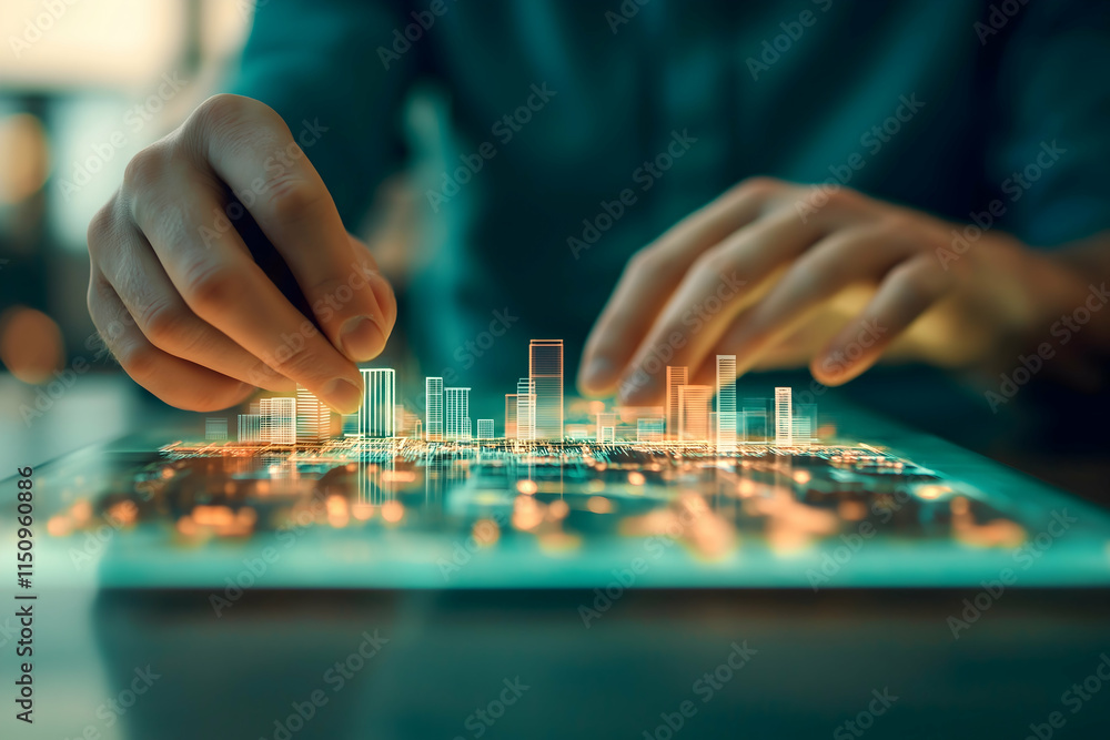 © Pukan - A person manipulating a holographic city model, showcasing advanced architectural design and technology. © Pukan - A person manipulating a holographic city model, showcasing advanced architectural design and technology.