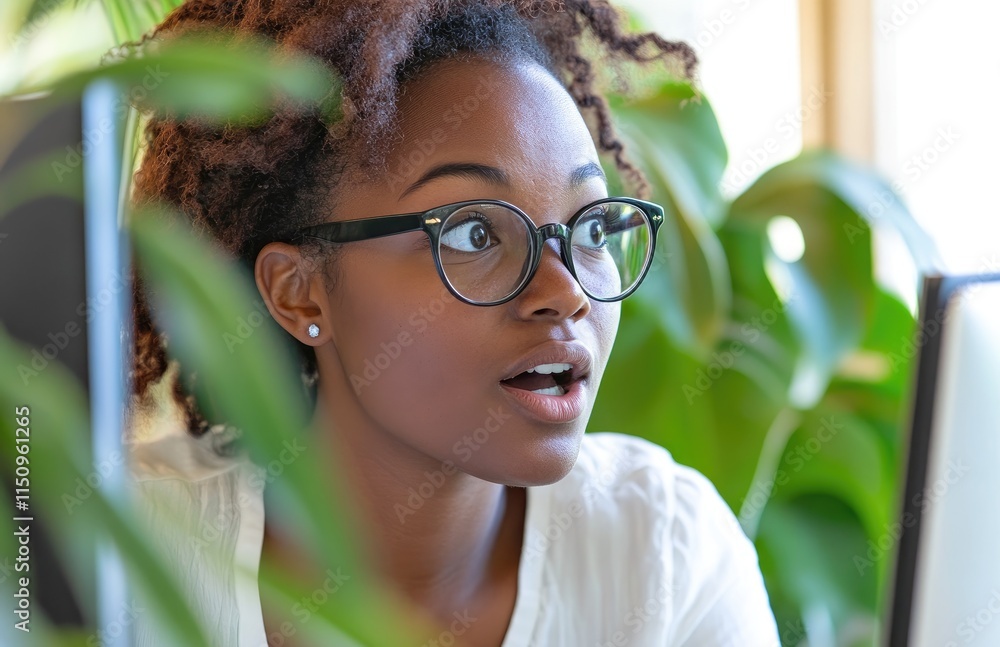 A woman sitting at a computer, looking with an extremely surprised expression A woman sitting at a computer, looking with an extremely surprised expression