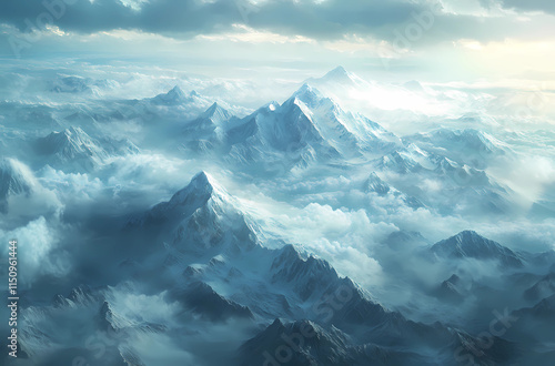 An aerial view of the snow-capped mountains, bathed in ethereal light, with clouds swirling around them