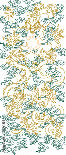 Wallpaper Mural Vector sketch illustration silhouette design painting classic vintage ethnic traditional dragon flying on cloud Torontodigital.ca