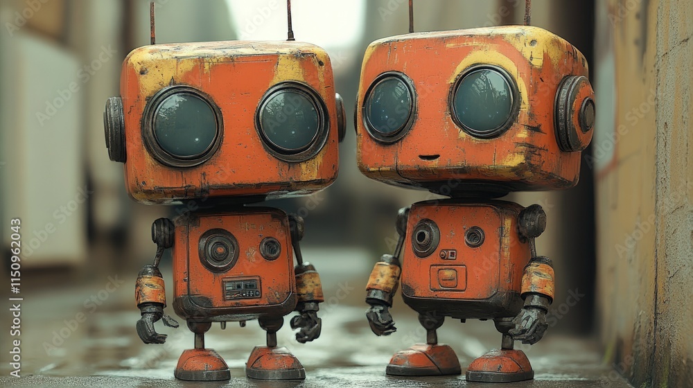 Fototapeta premium Two rusty orange robots stand together.