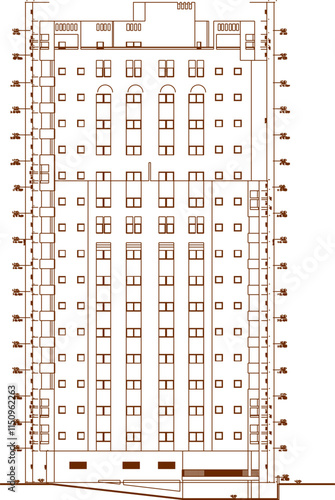 Vector sketch illustration silhouette drawing architectural engineering design multi-storey apartment hotel building