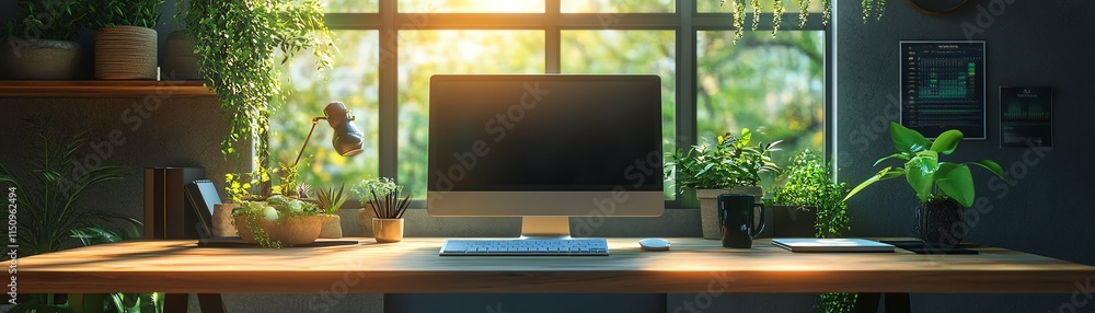 Fototapeta premium Sustainable office interior with natural light, plants reducing CO2, wooden table with a computer, highlighting ecological and modern design for a green company