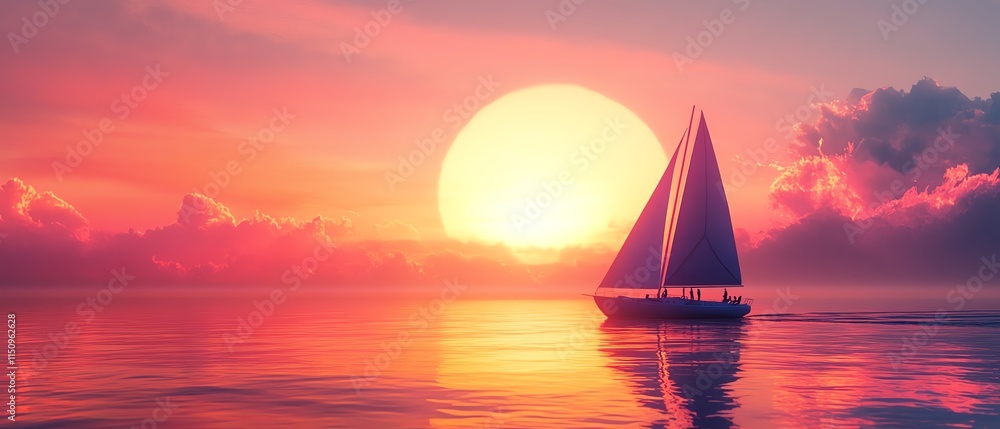 Fototapeta premium Tourists or friends sailing on a boat at sunset, enjoying the vibrant orange and pink sky with the peaceful ocean, generative AI concept