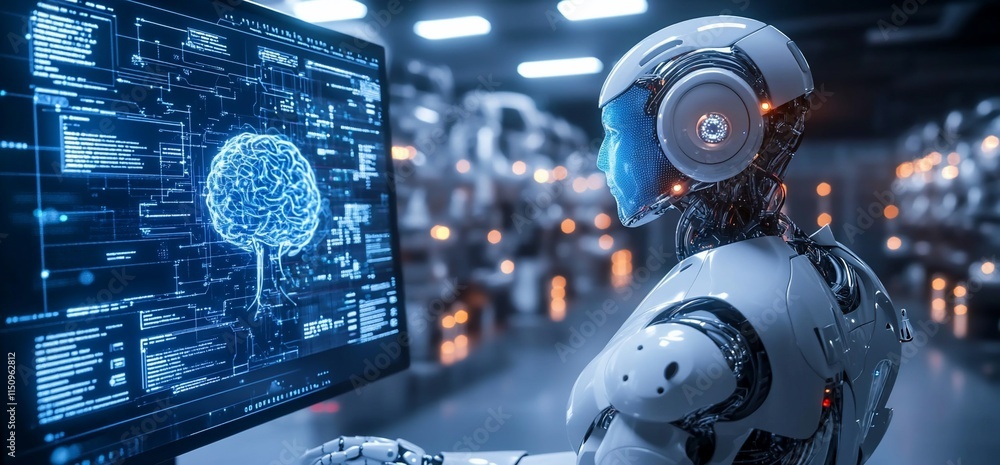 A humanoid robot interacts with a computer displaying neural patterns and data. A humanoid robot interacts with a computer displaying neural patterns and data.