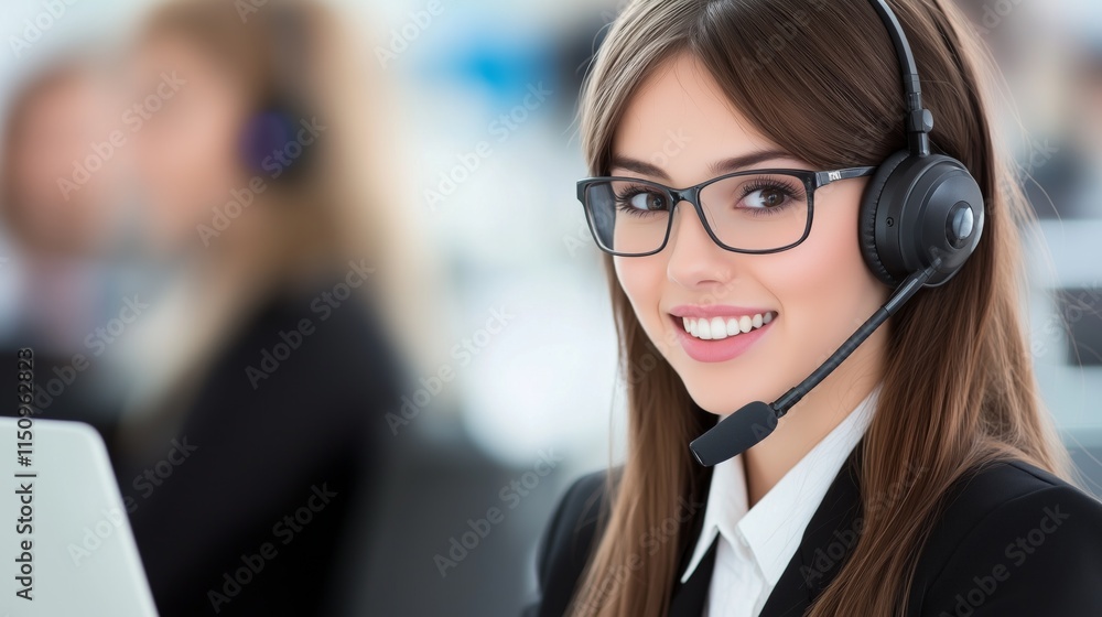 Friendly female call center operator is assisting clients with a headset in a call center Friendly female call center operator is assisting clients with a headset in a call center