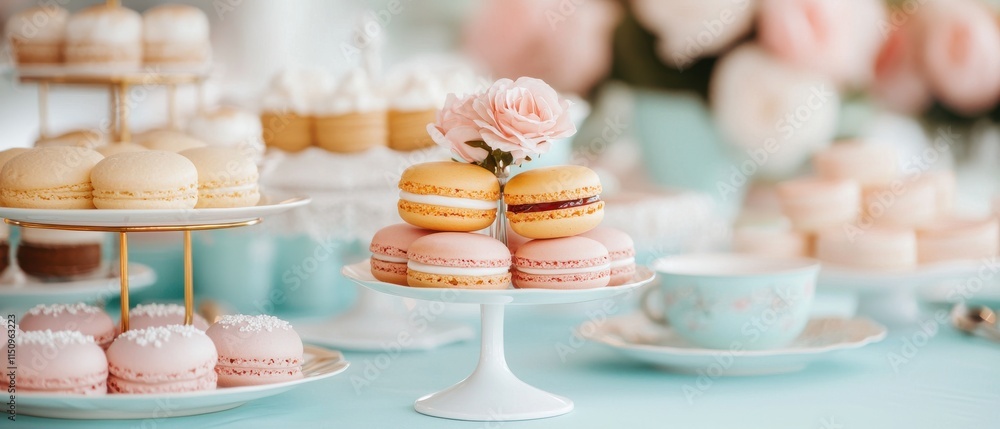 Festive table setting concept. Delicious pastel macarons elegantly displayed on a table with floral accents. Festive table setting concept. Delicious pastel macarons elegantly displayed on a table with floral accents.