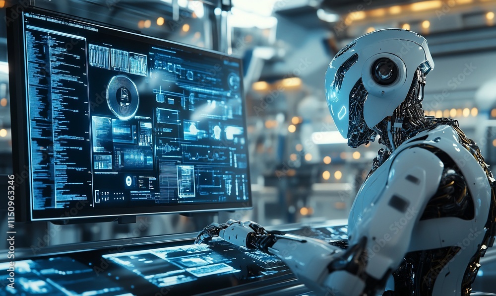 A humanoid robot interacts with a futuristic computer interface displaying data. A humanoid robot interacts with a futuristic computer interface displaying data.