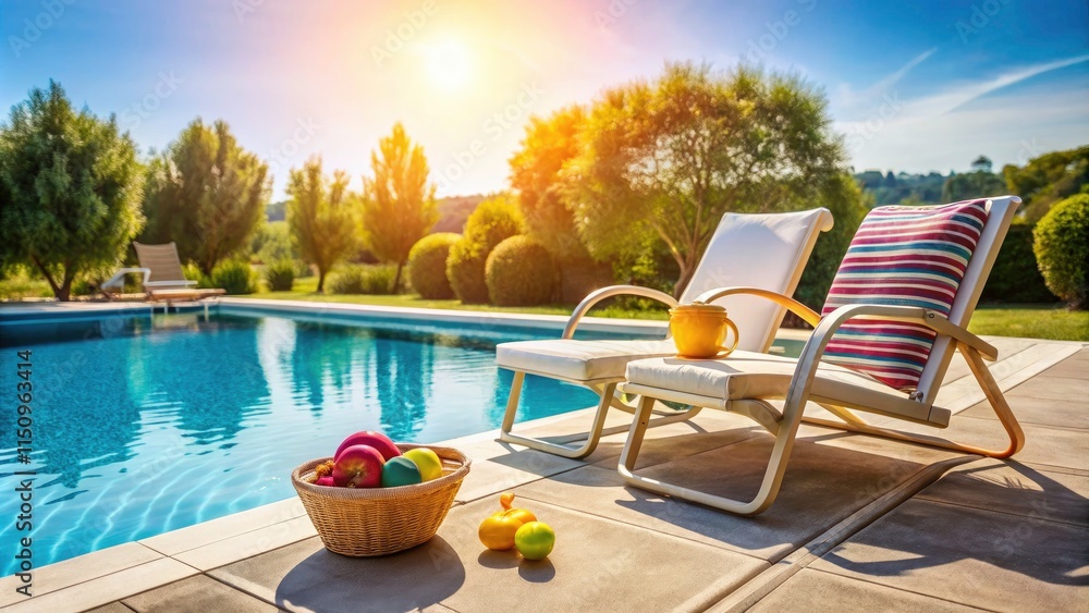 Summer Poolside Relaxation: White Deck Chairs, Pool Accessories, Sunny Day