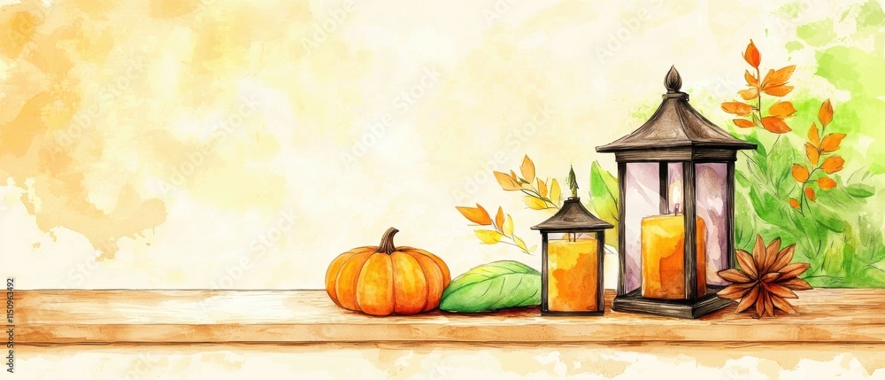 Obraz premium Festive table setting concept. Autumn decor featuring pumpkin, lanterns and leaves in warm colors.